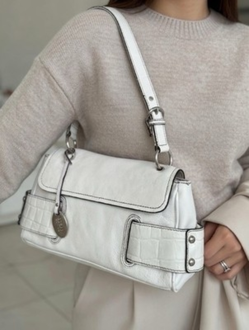 Vintage Franco Sarto White Leather Shoulder Bag Faux Croc Trim Y2K 10"x2"x6" G+